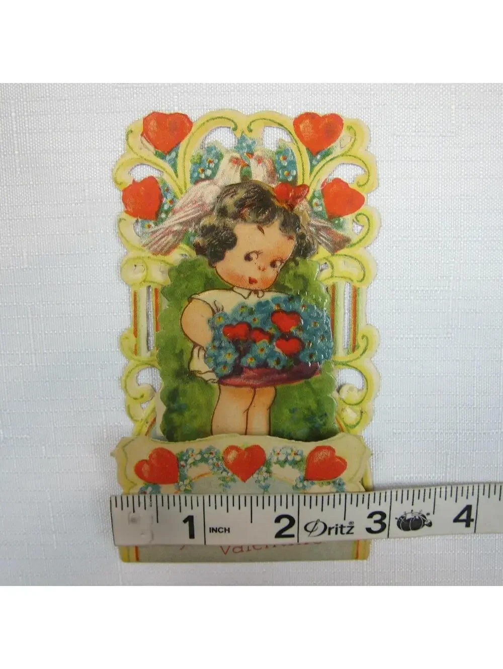 Vintage Valentine Pull Down Die Cut Girl Flower Basket Stand Up Germany 1920-30s